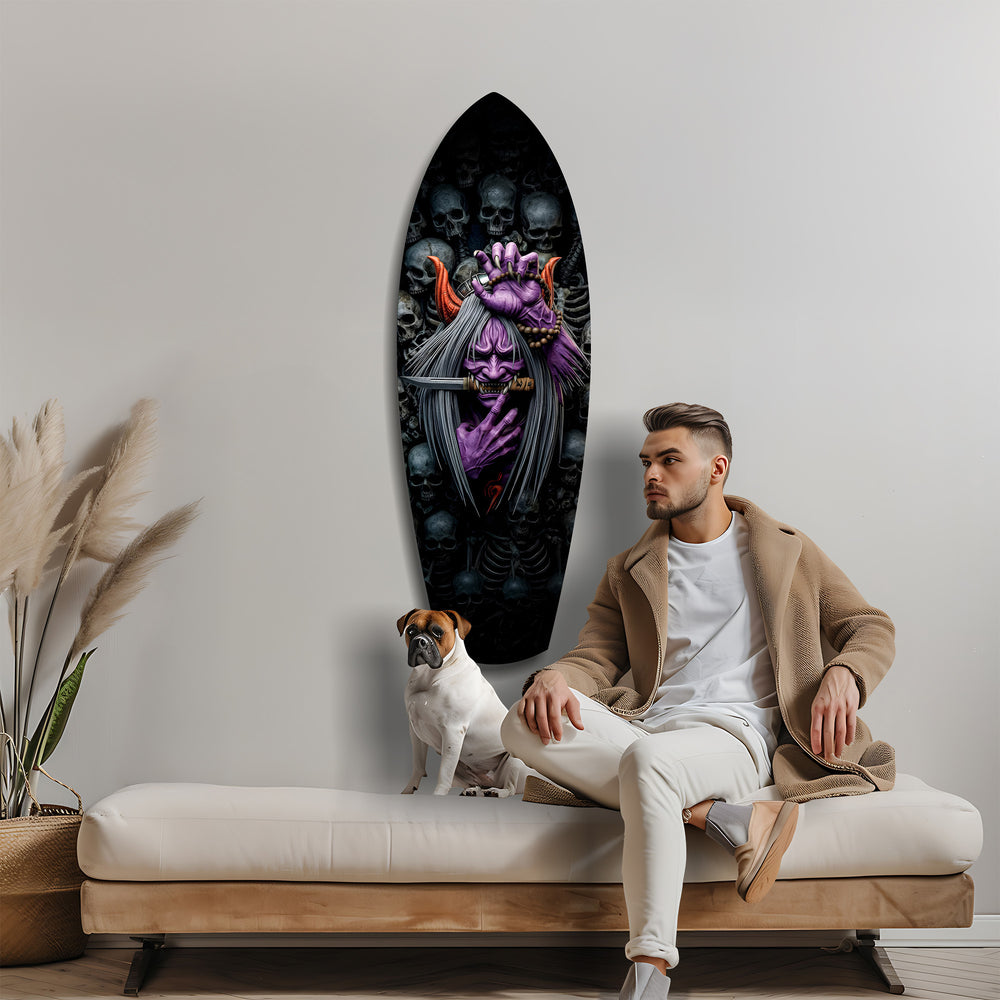 Purple Hannya Mask Skulls Dark Glass Wall Art.