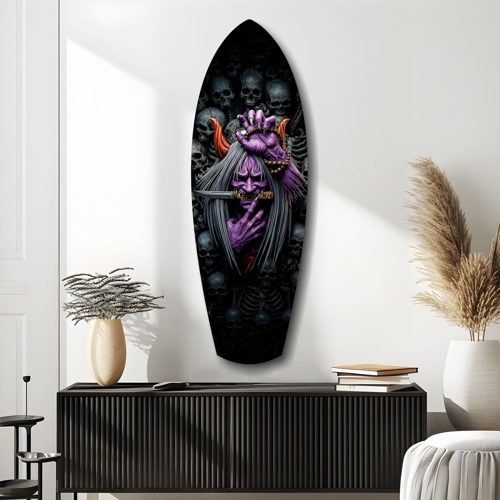 Purple Hannya Mask Skulls Dark Glass Wall Art.