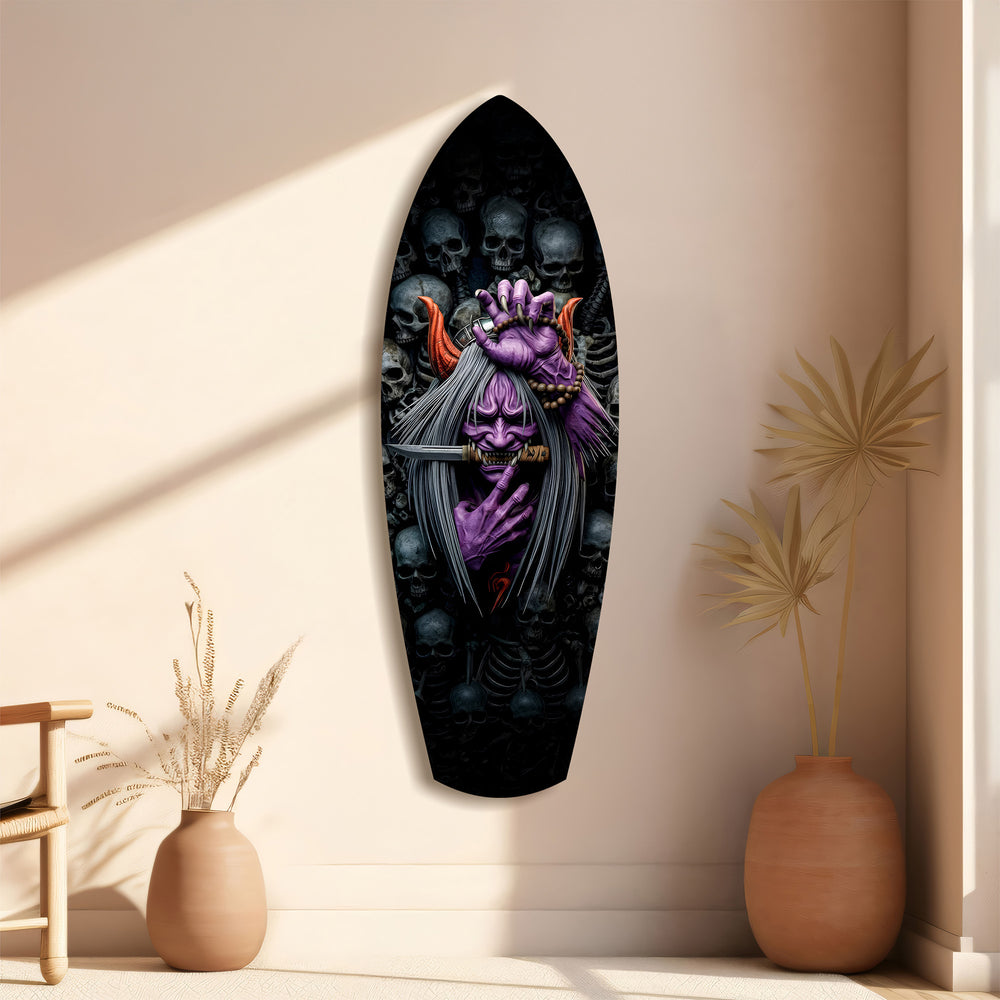 Purple Hannya Mask Skulls Dark Glass Wall Art.