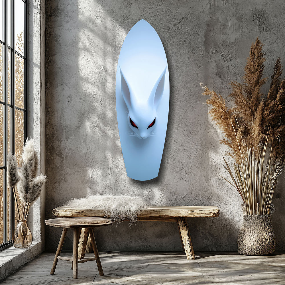 Pale Blue Rabbit Red Eyes Minimal Glass Wall Art.