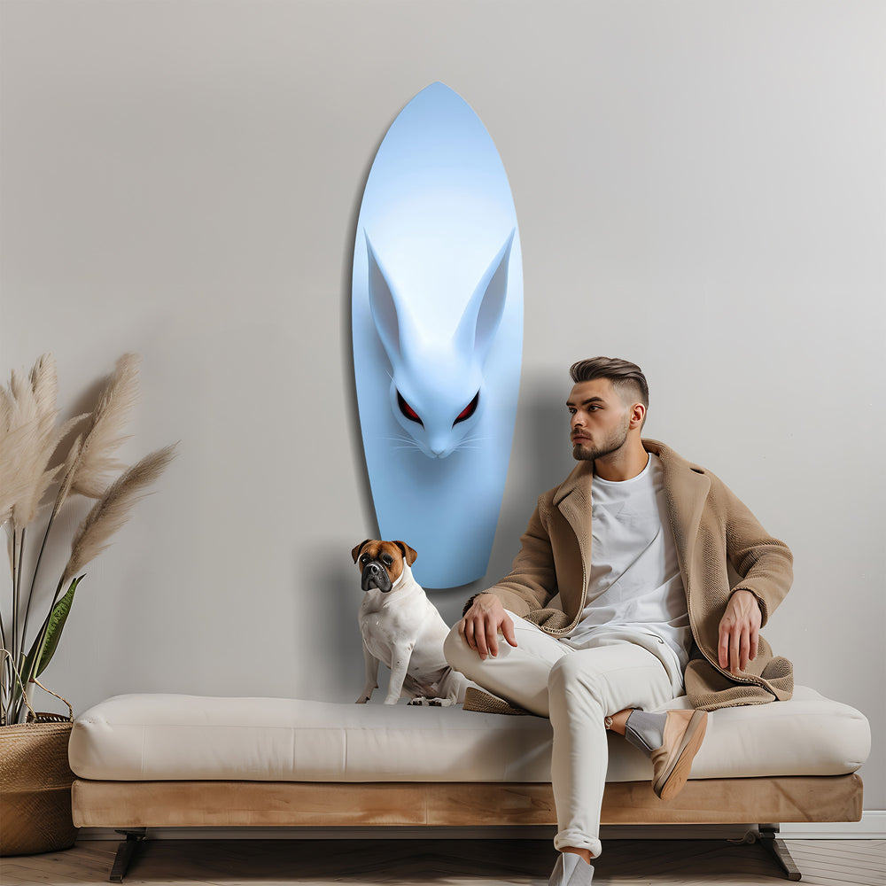 Pale Blue Rabbit Red Eyes Minimal Glass Wall Art.