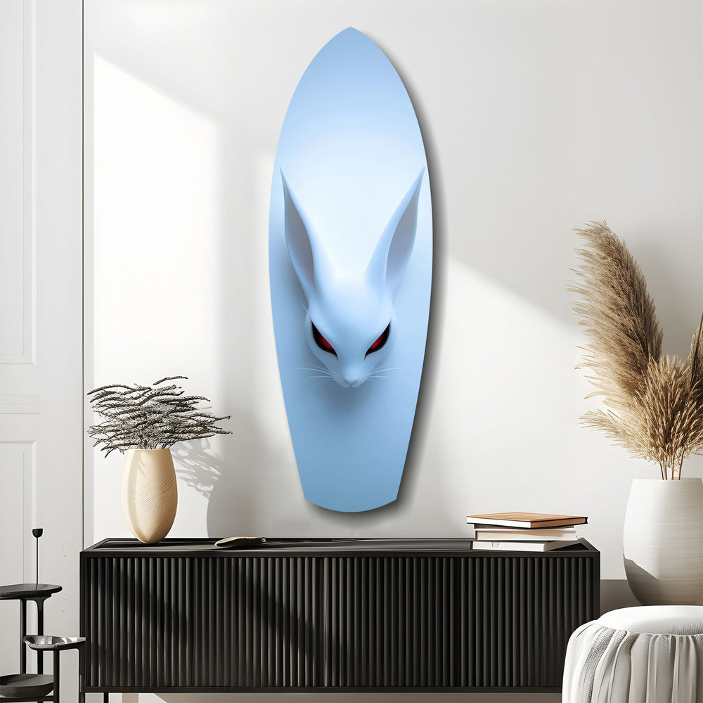Pale Blue Rabbit Red Eyes Minimal Glass Wall Art.