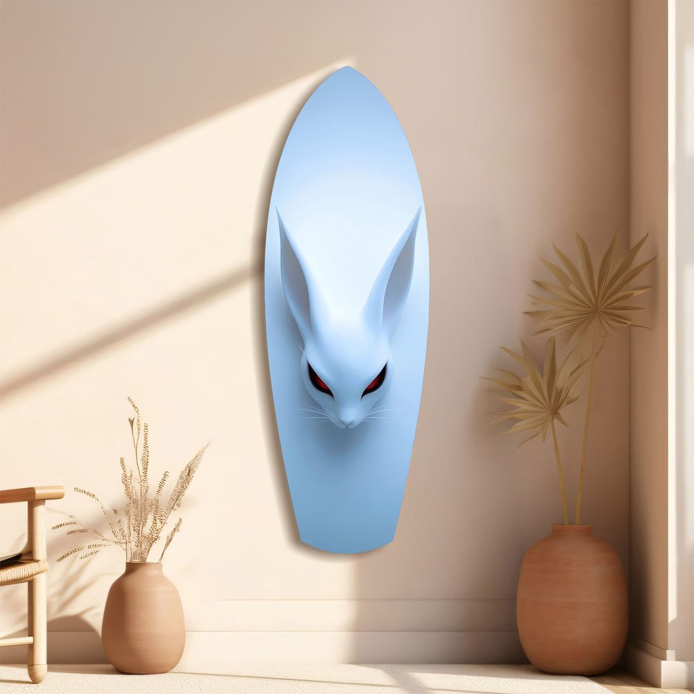 Pale Blue Rabbit Red Eyes Minimal Glass Wall Art.