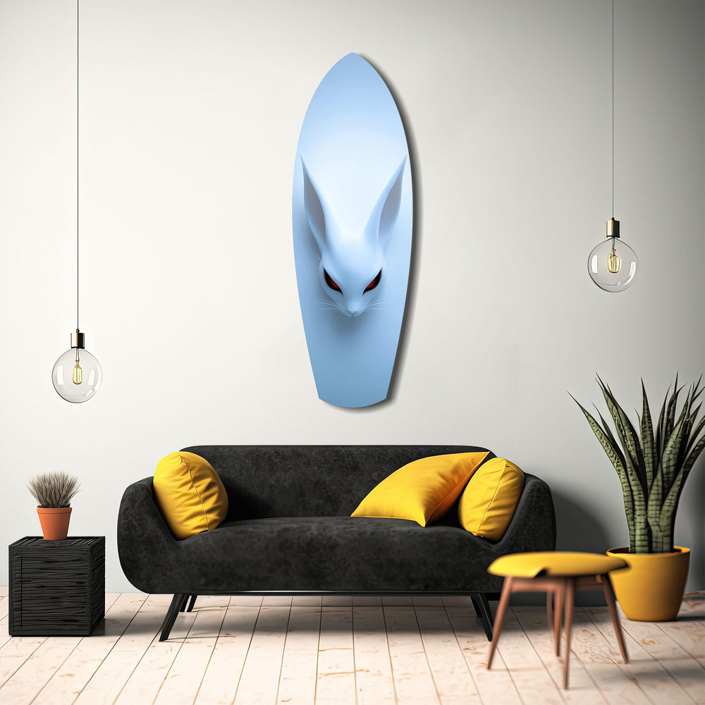 Pale Blue Rabbit Red Eyes Minimal Glass Wall Art.