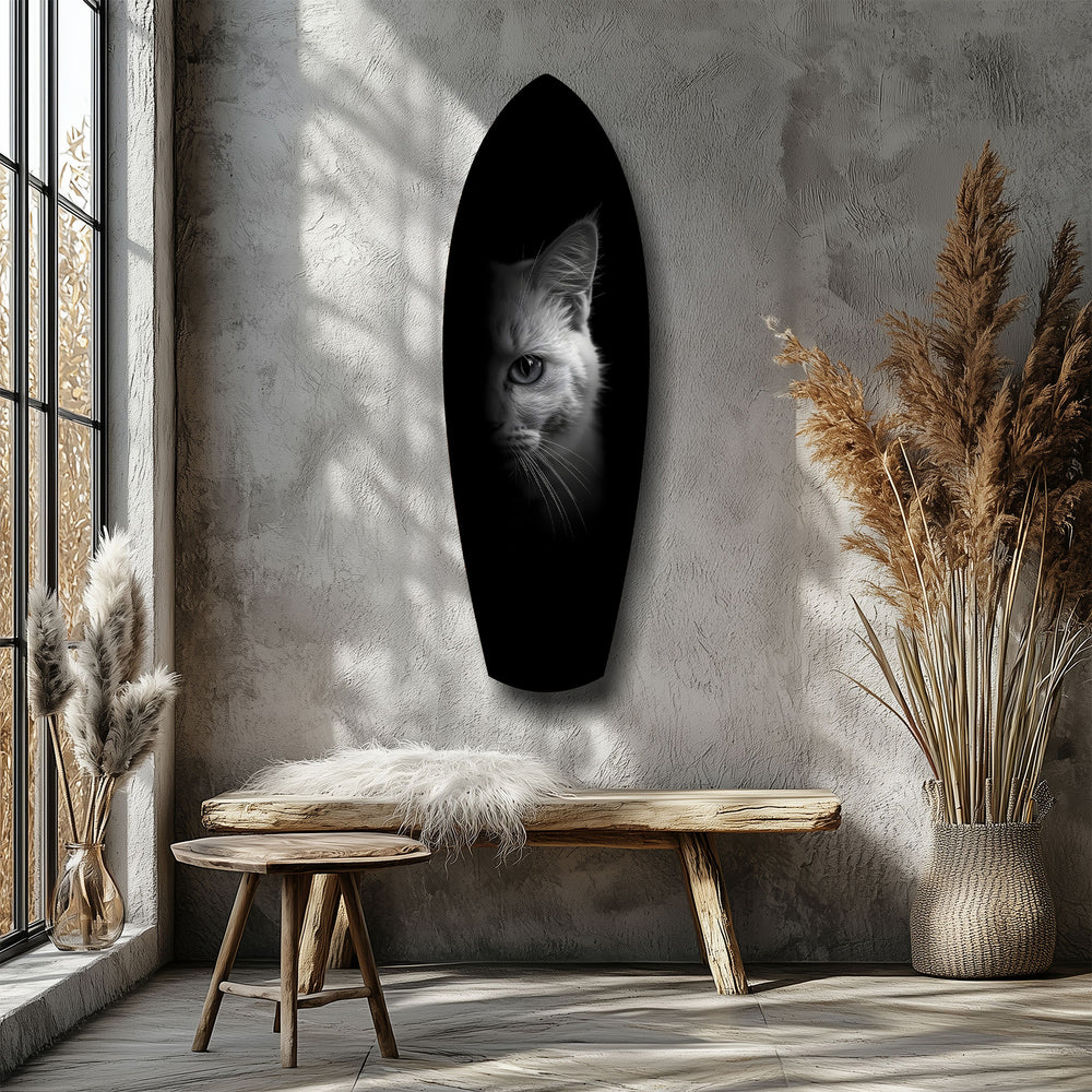 White Cat Half Face Black Background Glass Wall Art.