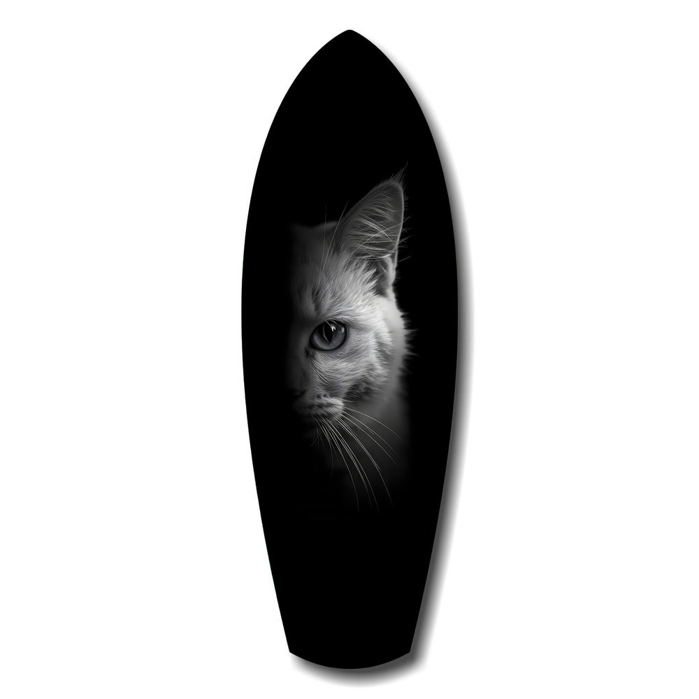 White Cat Half Face Black Background Glass Wall Art.