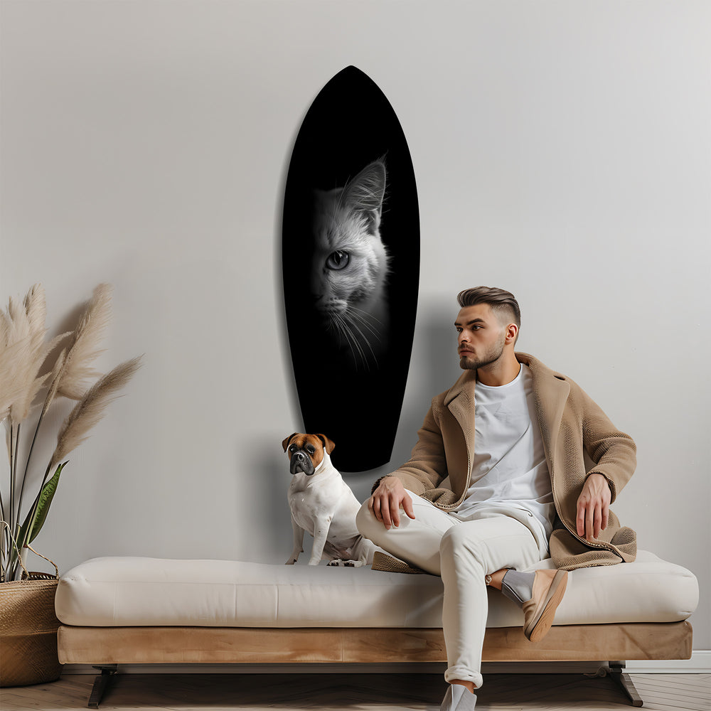 White Cat Half Face Black Background Glass Wall Art.