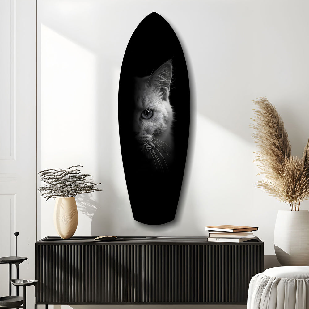 White Cat Half Face Black Background Glass Wall Art.