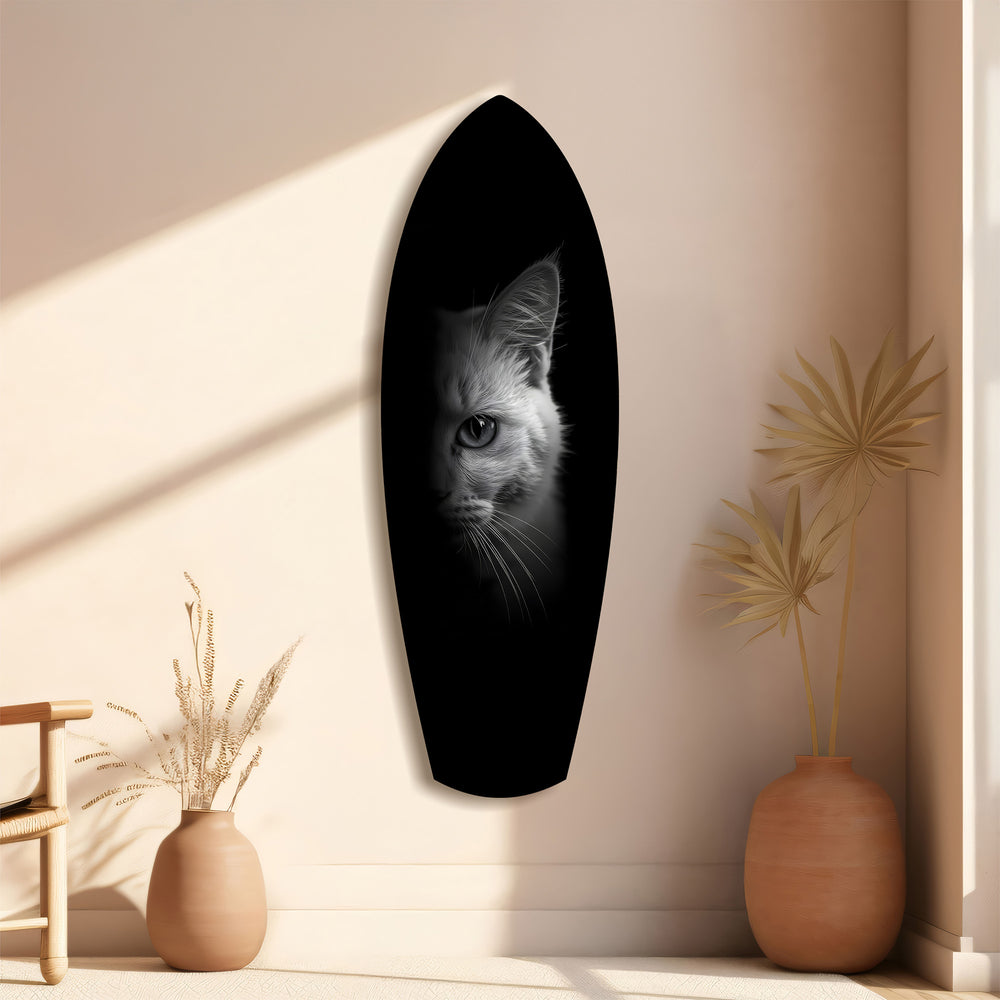 White Cat Half Face Black Background Glass Wall Art.