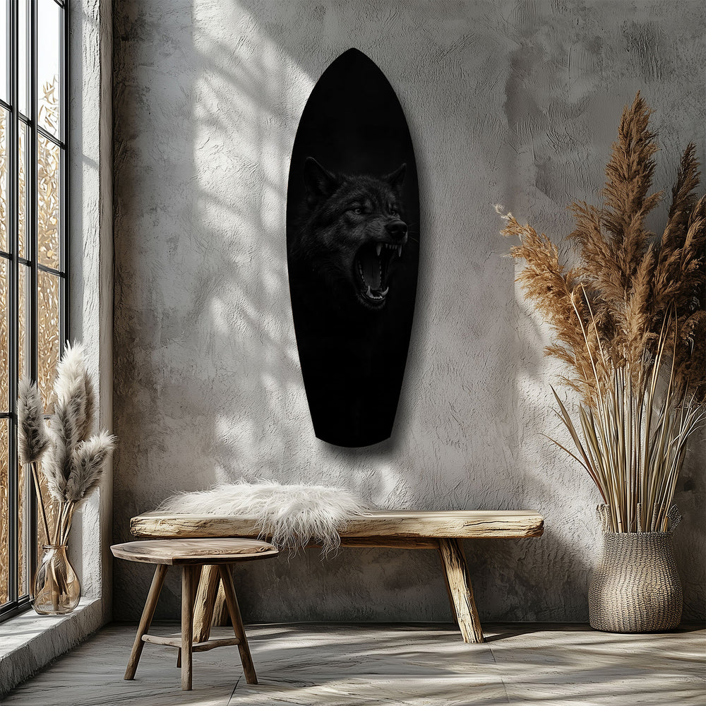 Snarling Black Wolf Dark Glass Wall Art.