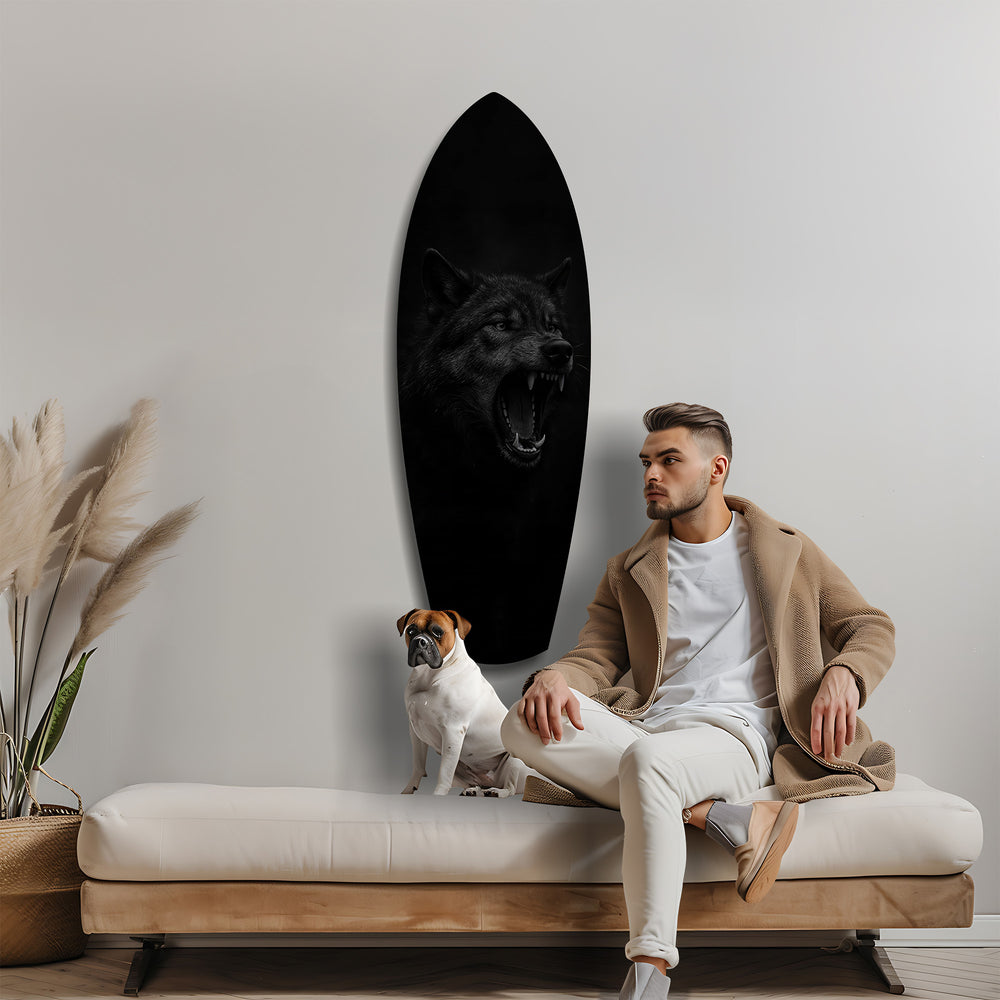 Snarling Black Wolf Dark Glass Wall Art.