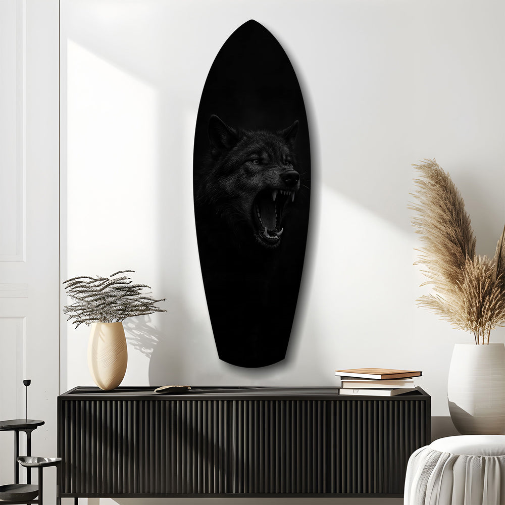 Snarling Black Wolf Dark Glass Wall Art.