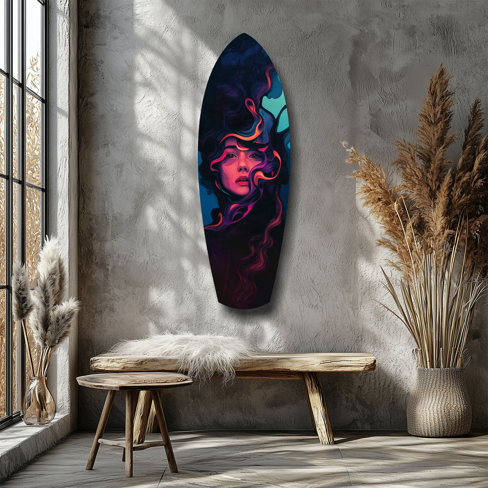 Neon Smoke Woman Portrait Surreal Glass Wall Art.