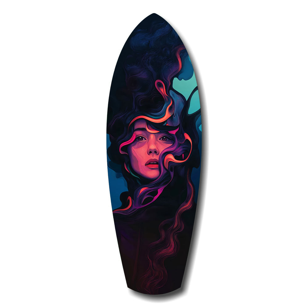 Neon Smoke Woman Portrait Surreal Glass Wall Art.