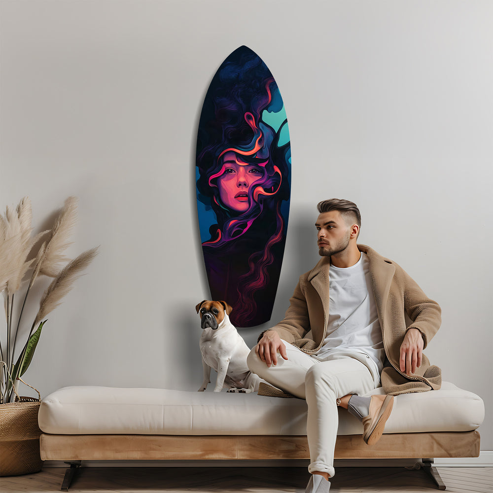 Neon Smoke Woman Portrait Surreal Glass Wall Art.