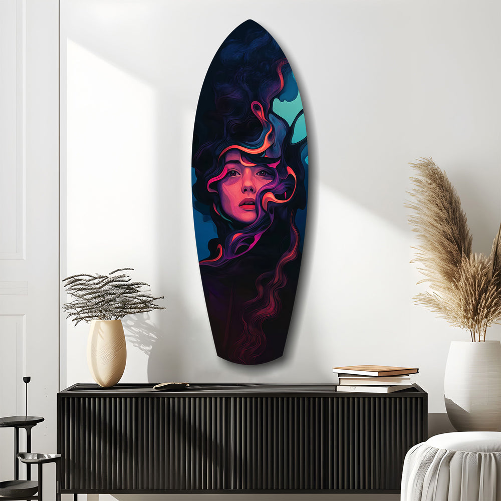 Neon Smoke Woman Portrait Surreal Glass Wall Art.