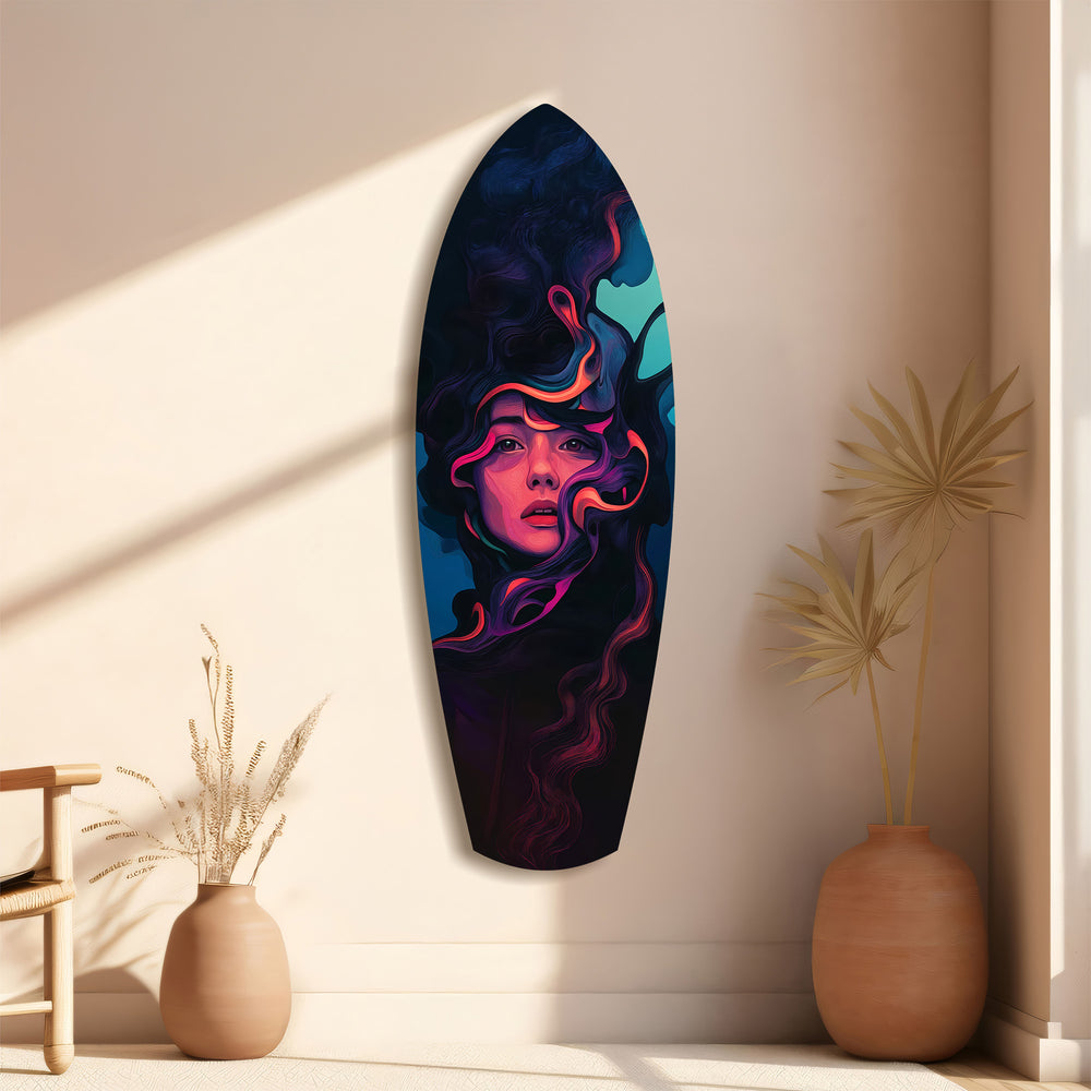 Neon Smoke Woman Portrait Surreal Glass Wall Art.
