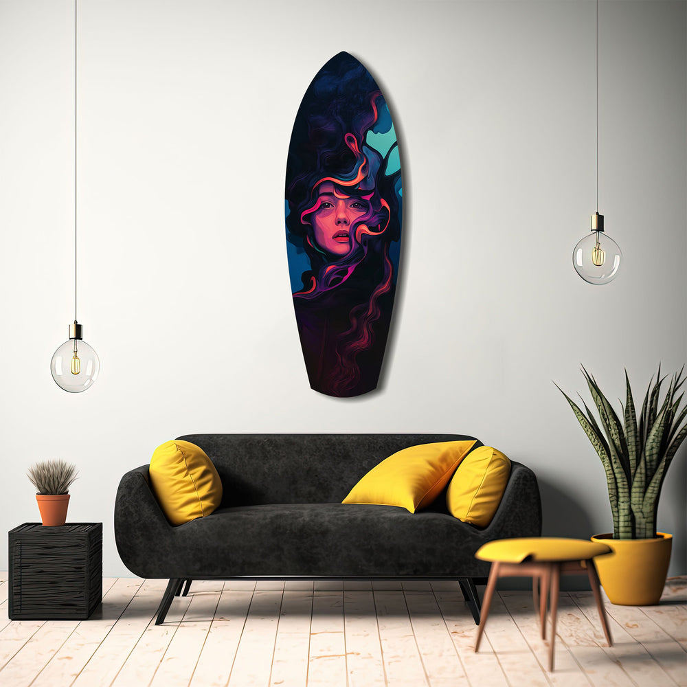 Neon Smoke Woman Portrait Surreal Glass Wall Art.