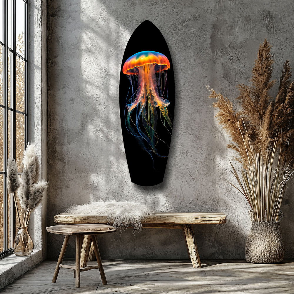 Glowing Orange Jellyfish Ocean Glass Wall Art.