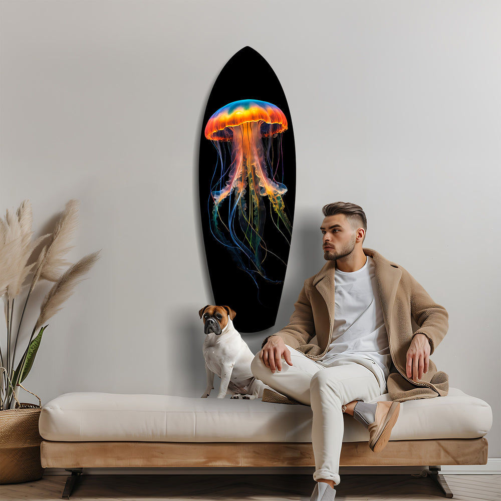 Glowing Orange Jellyfish Ocean Glass Wall Art.
