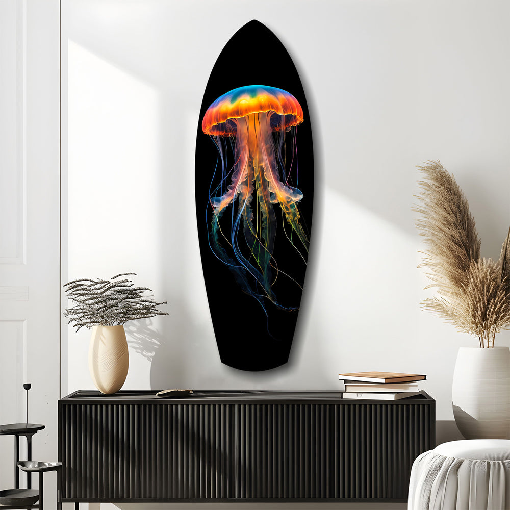 Glowing Orange Jellyfish Ocean Glass Wall Art.