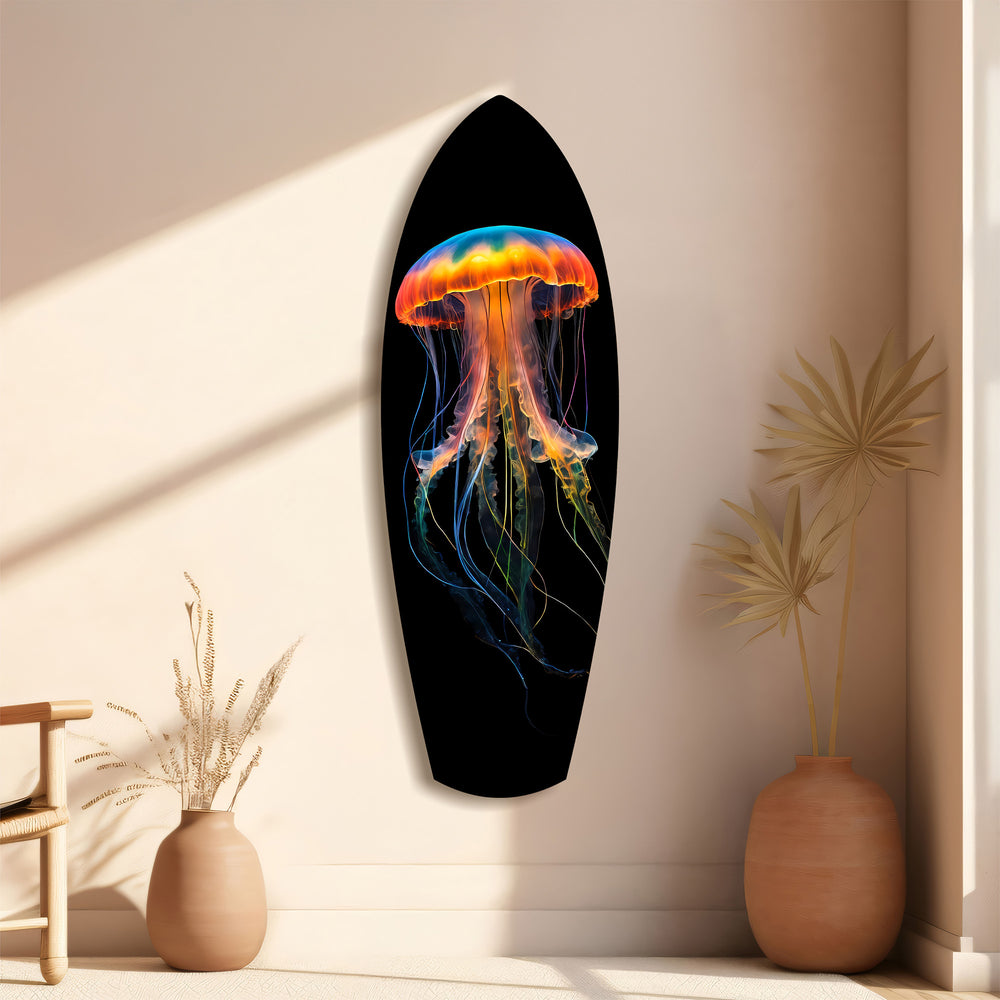 Glowing Orange Jellyfish Ocean Glass Wall Art.