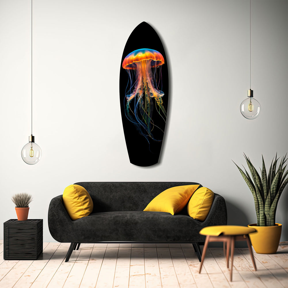 Glowing Orange Jellyfish Ocean Glass Wall Art.