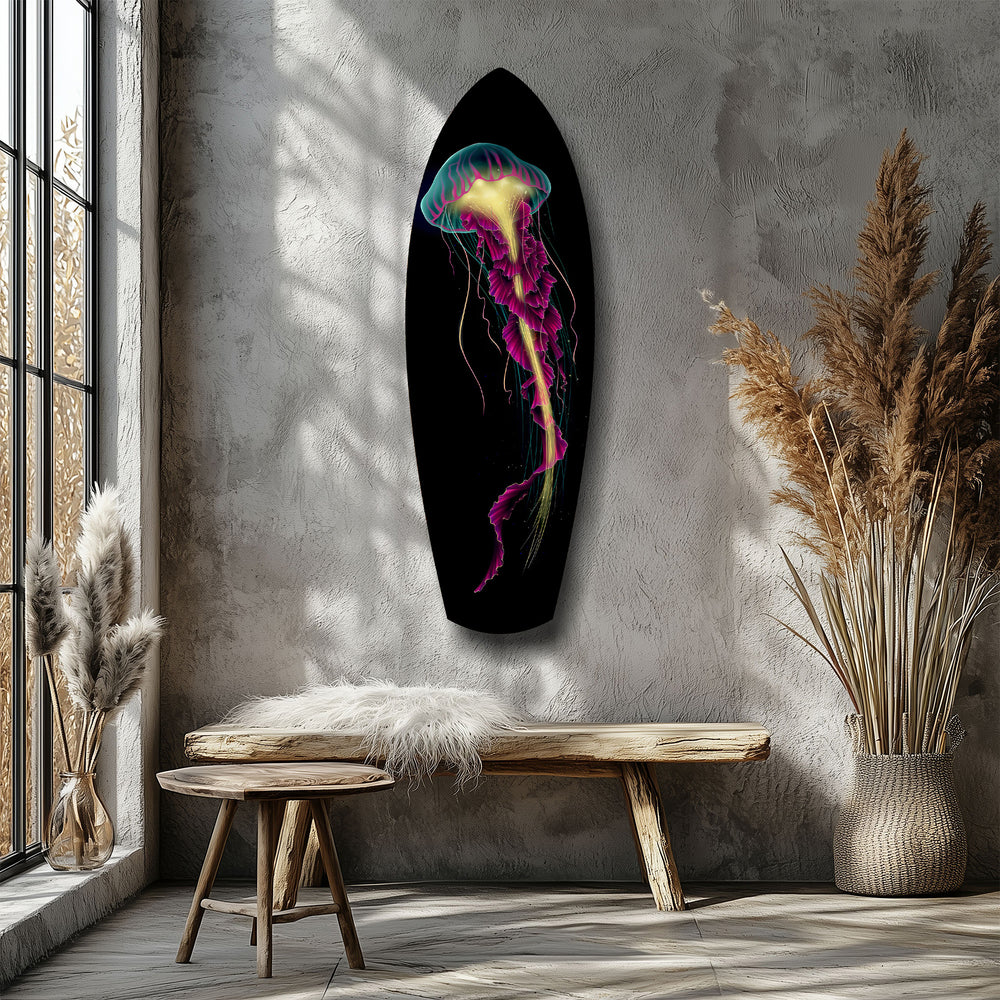 Magenta Teal Jellyfish Bioluminescent Glass Wall Art.