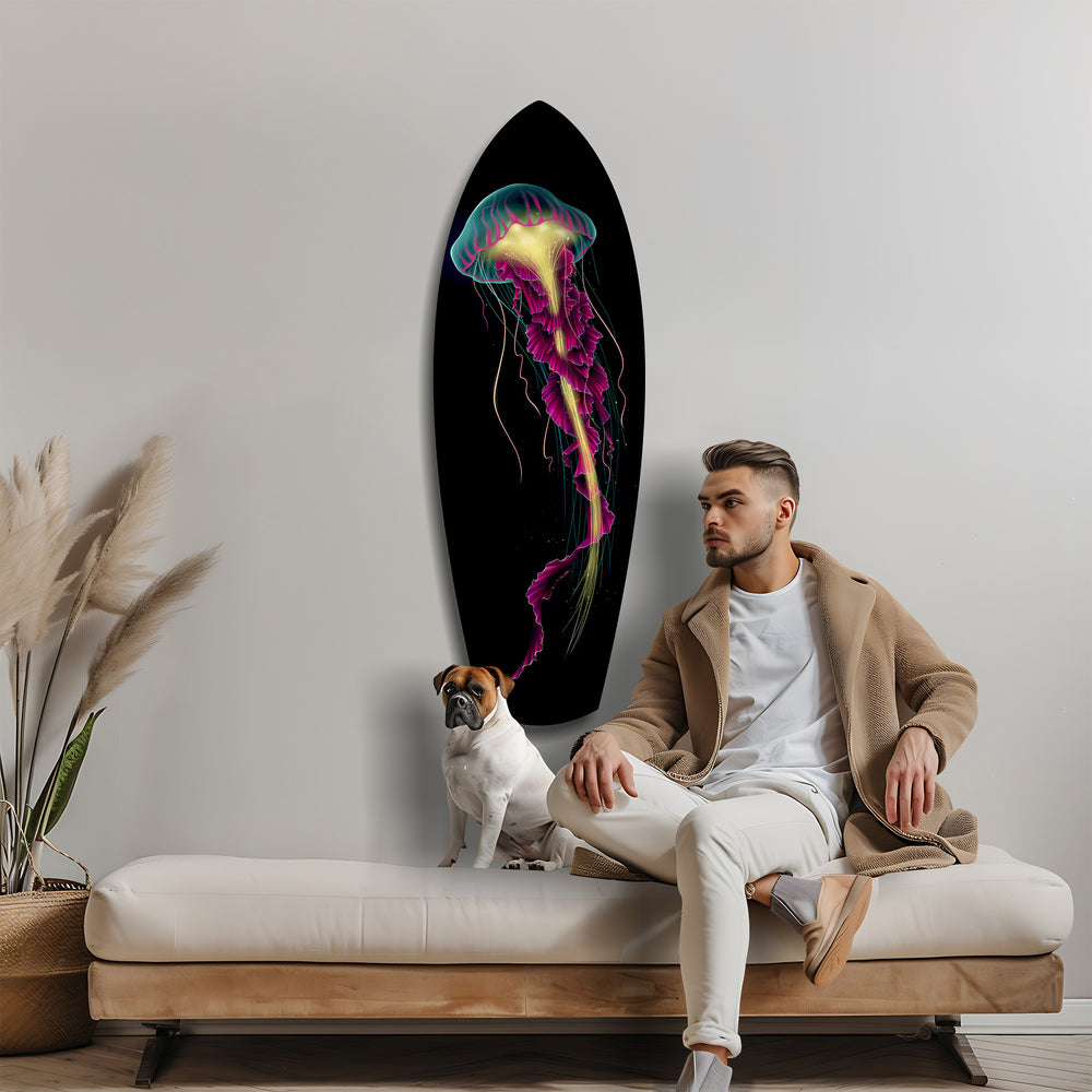 Magenta Teal Jellyfish Bioluminescent Glass Wall Art.