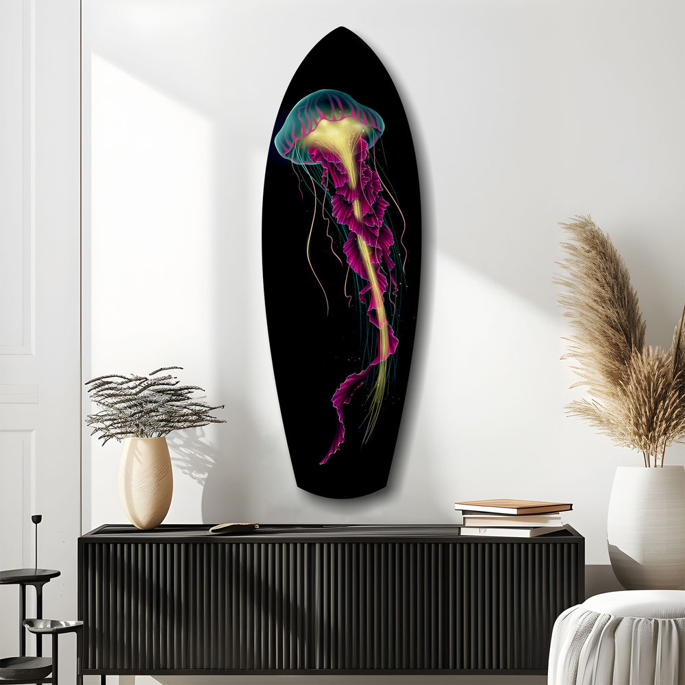 Magenta Teal Jellyfish Bioluminescent Glass Wall Art.