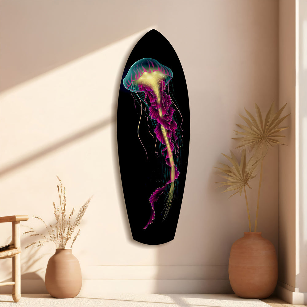 Magenta Teal Jellyfish Bioluminescent Glass Wall Art.