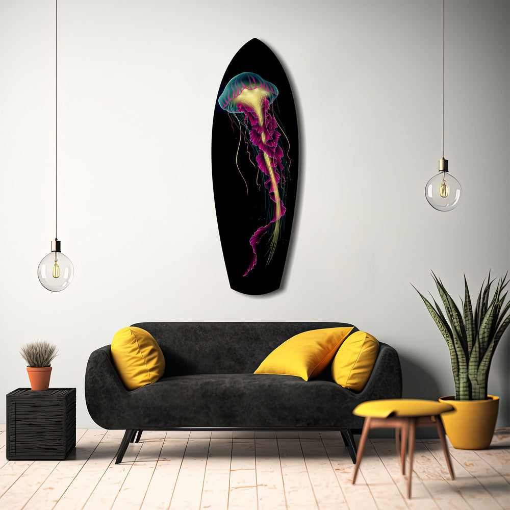 Magenta Teal Jellyfish Bioluminescent Glass Wall Art.