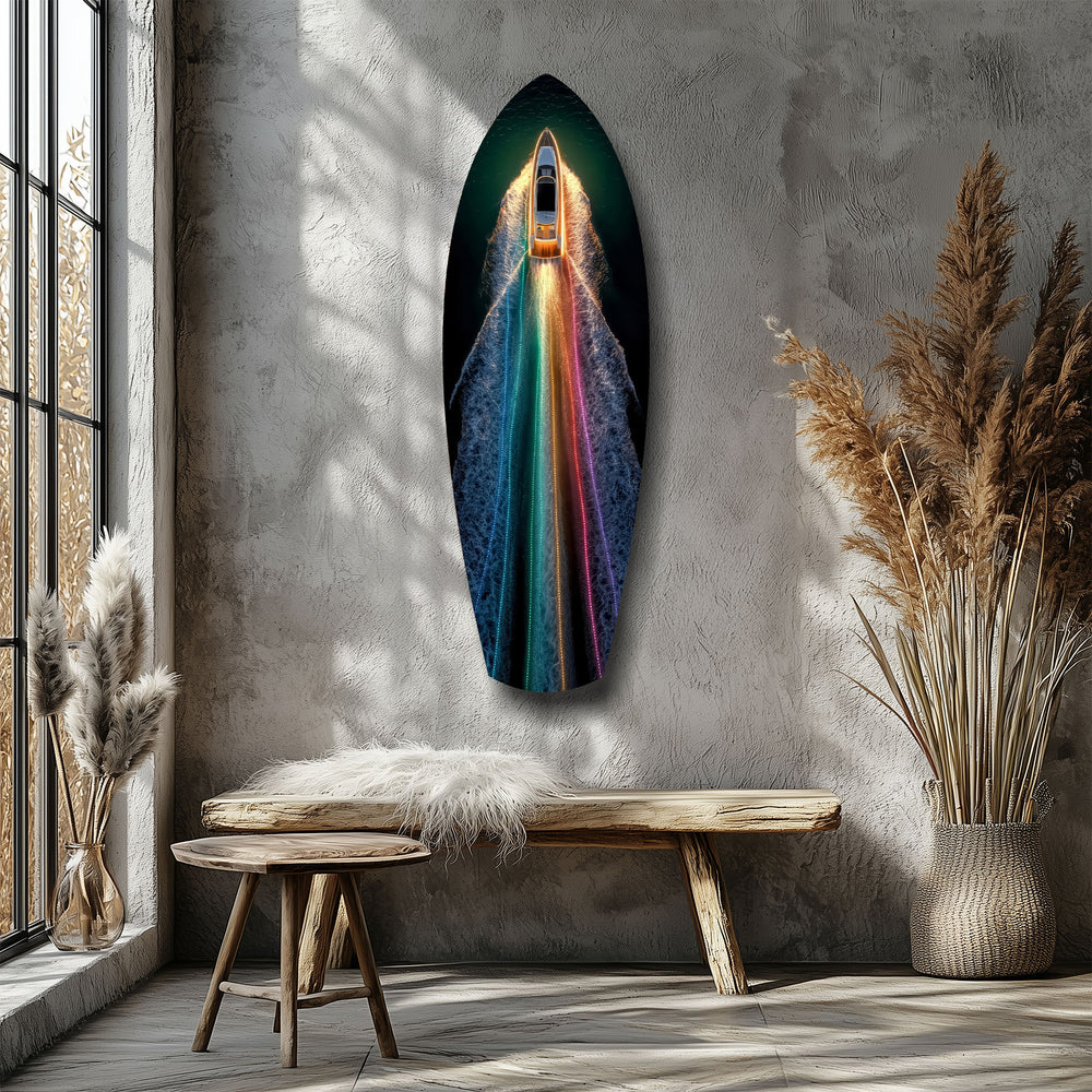 Rainbow Wake Speedboat Aerial Glass Wall Art.