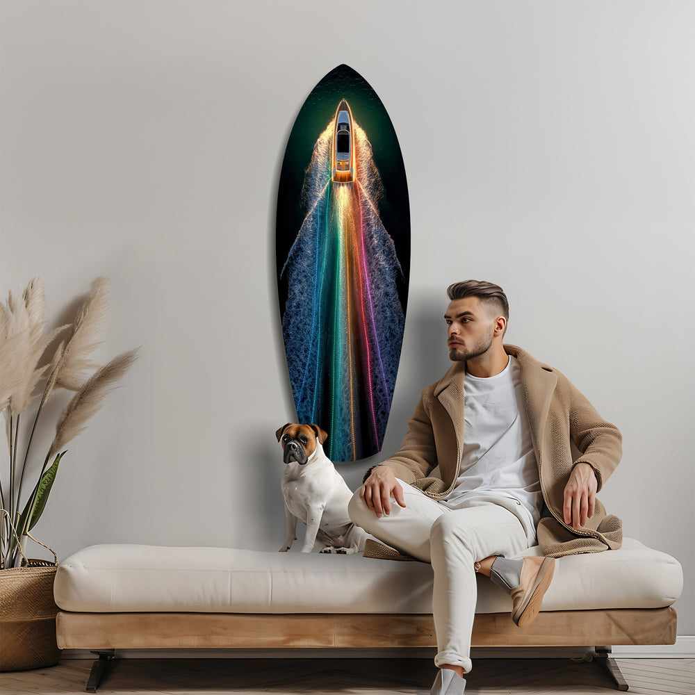 Rainbow Wake Speedboat Aerial Glass Wall Art.