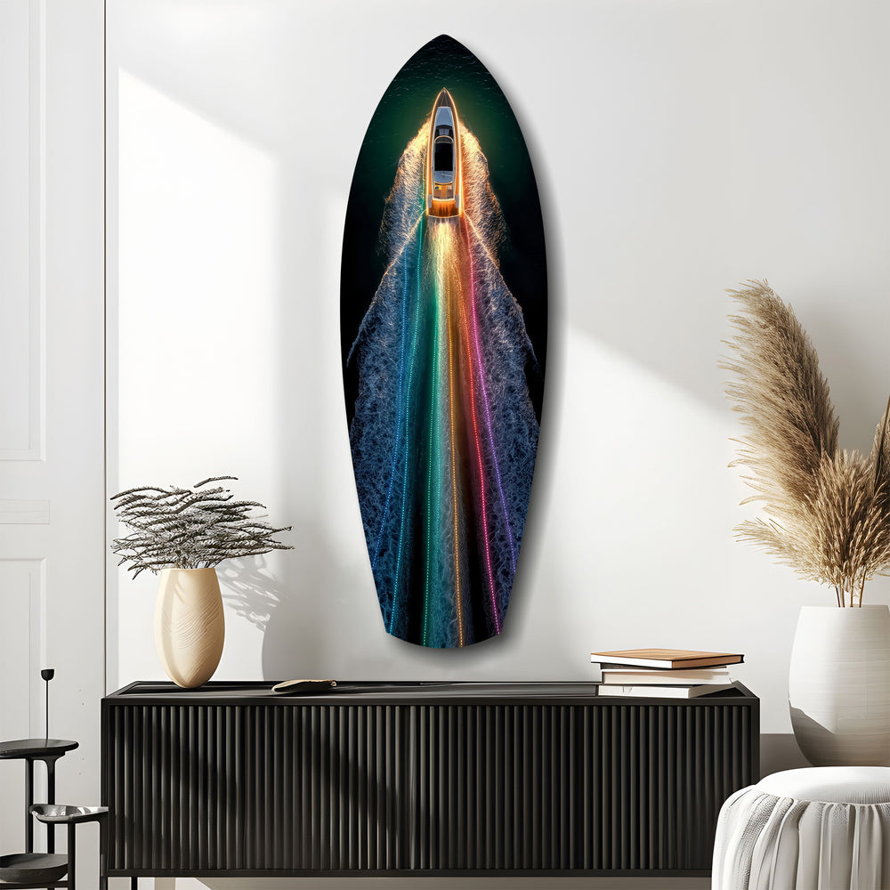 Rainbow Wake Speedboat Aerial Glass Wall Art.