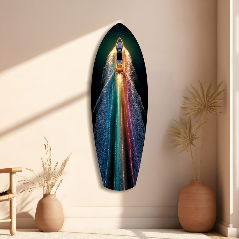 Rainbow Wake Speedboat Aerial Glass Wall Art.
