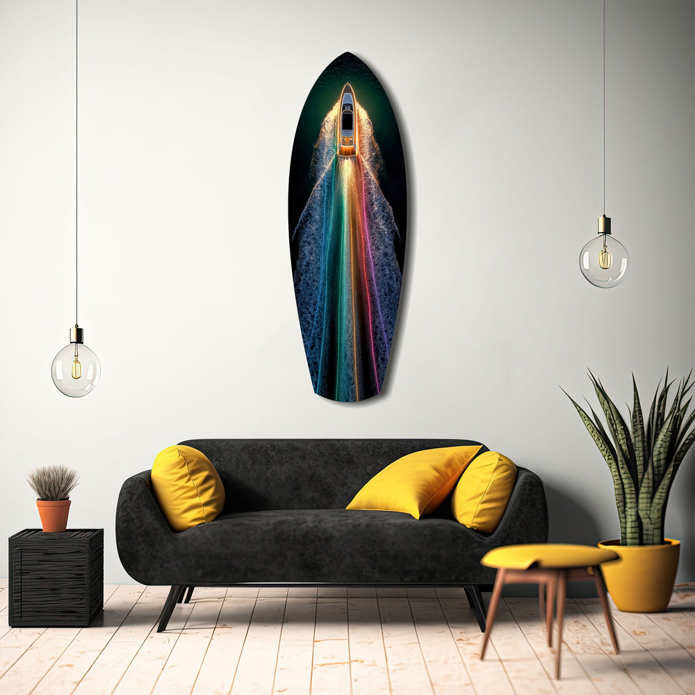 Rainbow Wake Speedboat Aerial Glass Wall Art.