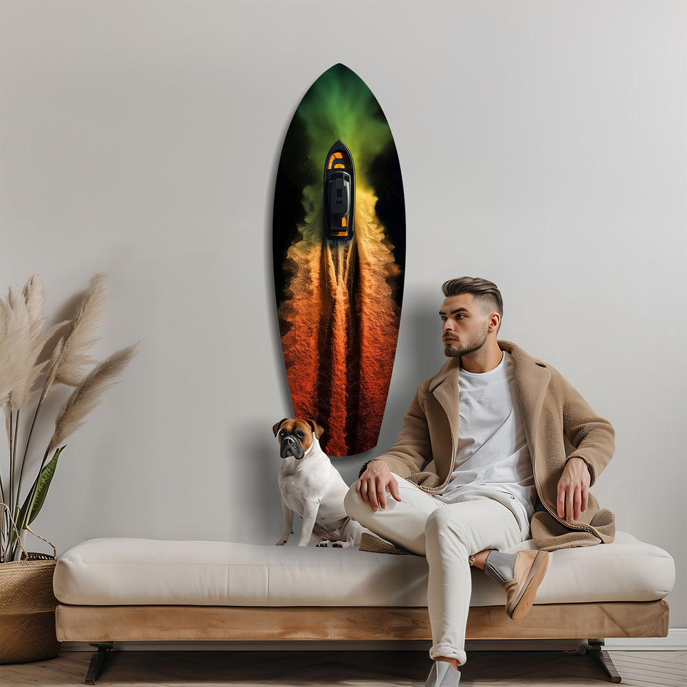Smoke Trail Speedboat Aerial Glass Wall Art.