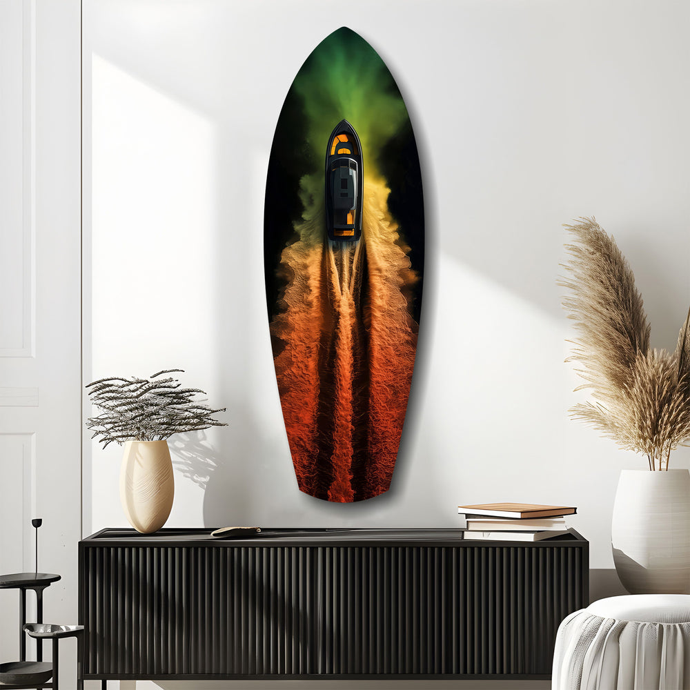 Smoke Trail Speedboat Aerial Glass Wall Art.