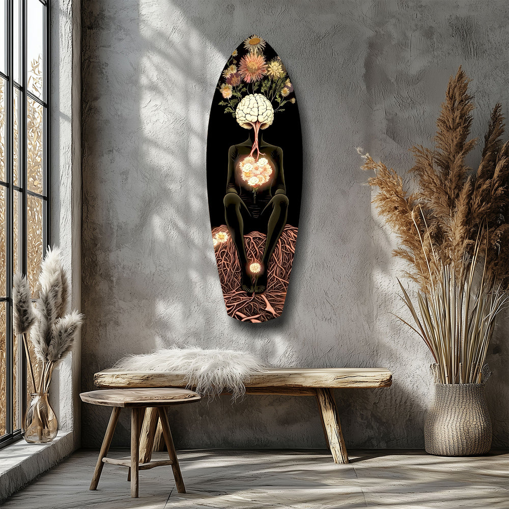 Brain Flowers Roots Surreal Glass Wall Art.
