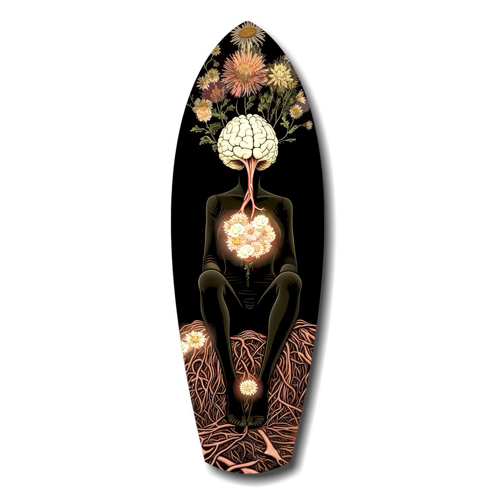 Brain Flowers Roots Surreal Glass Wall Art.