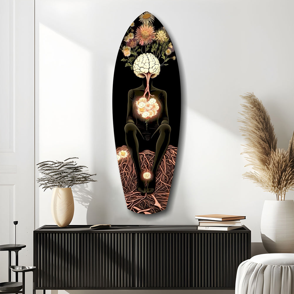 Brain Flowers Roots Surreal Glass Wall Art.