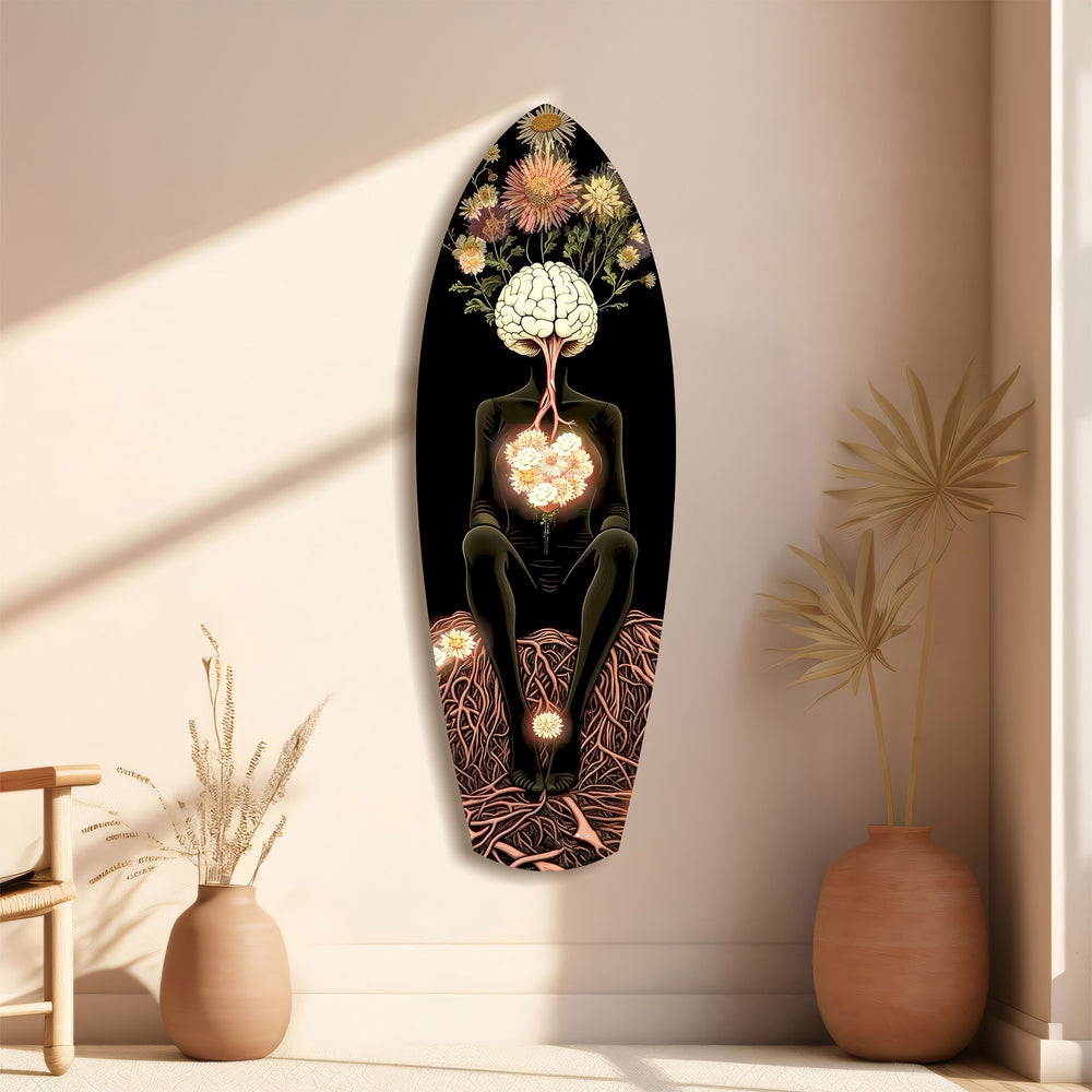 Brain Flowers Roots Surreal Glass Wall Art.
