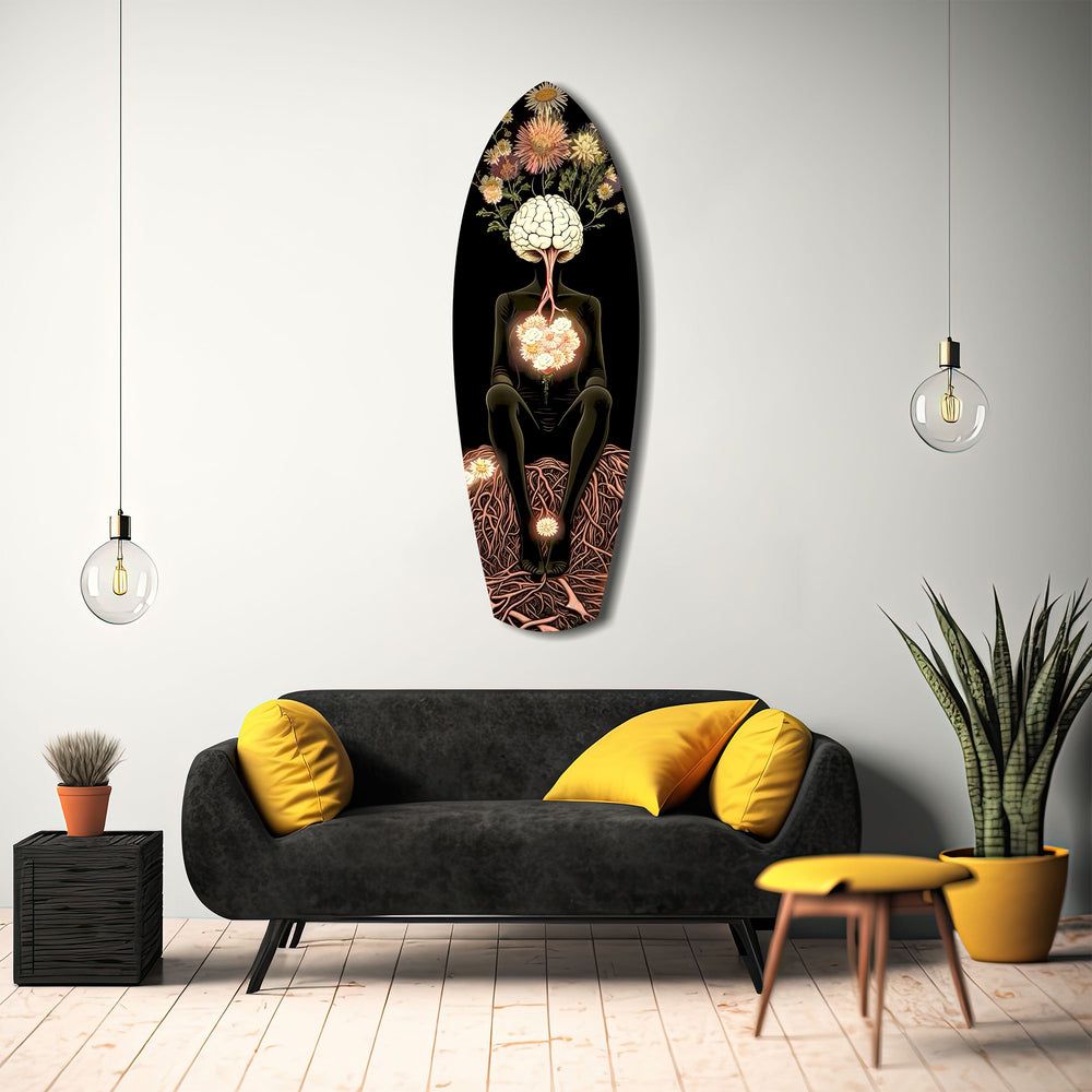 Brain Flowers Roots Surreal Glass Wall Art.