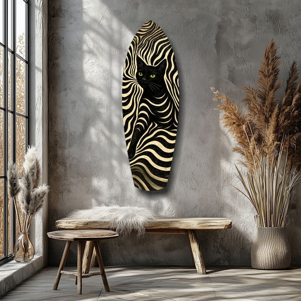 Black Cat Wavy Optical Pattern Glass Wall Art.
