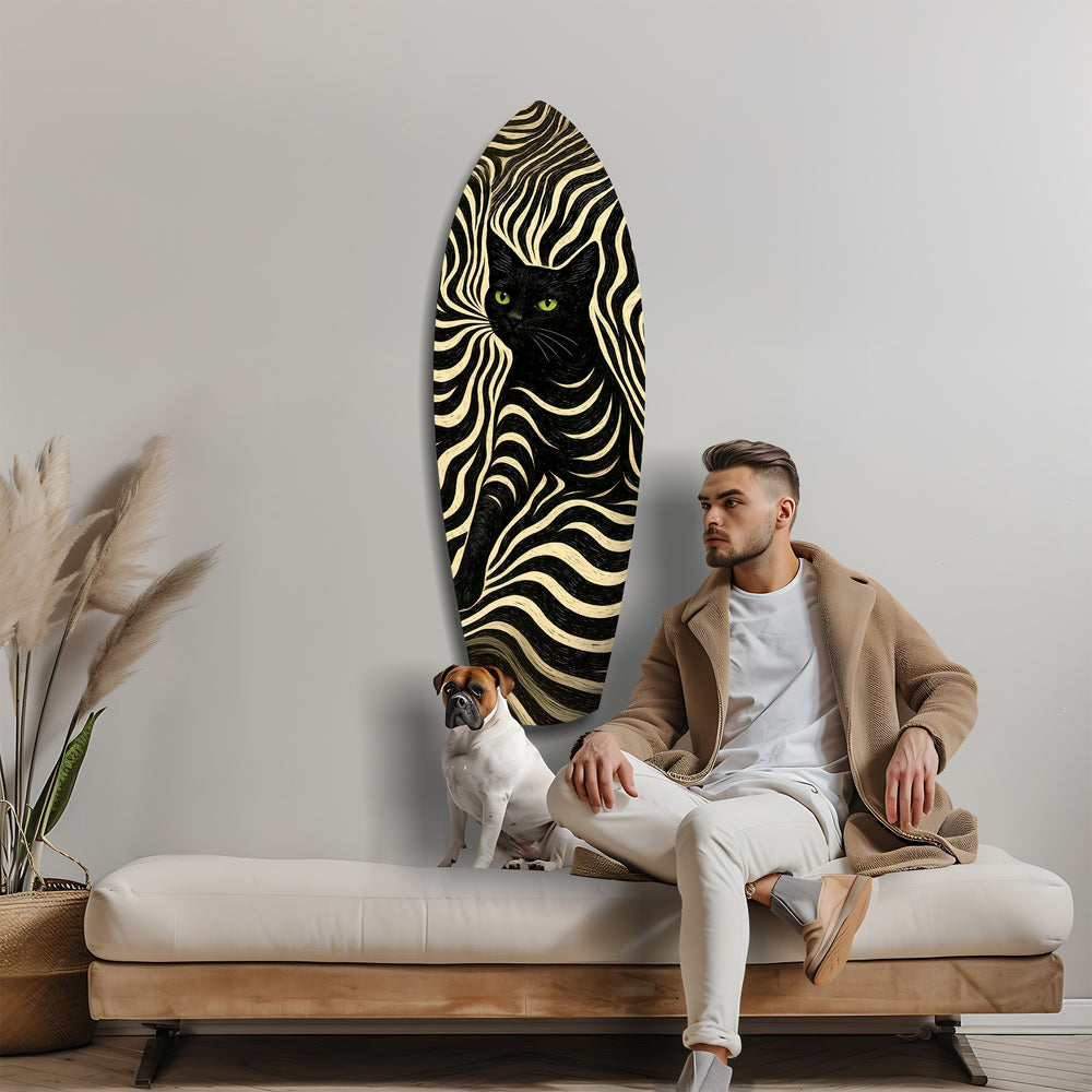 Black Cat Wavy Optical Pattern Glass Wall Art.