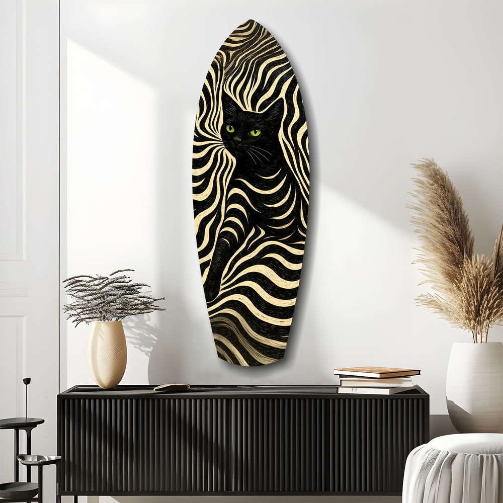 Black Cat Wavy Optical Pattern Glass Wall Art.