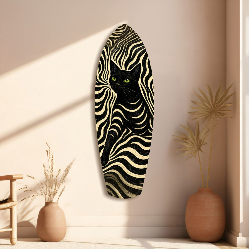 Black Cat Wavy Optical Pattern Glass Wall Art.