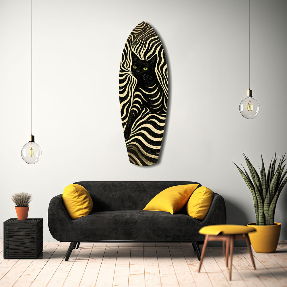 Black Cat Wavy Optical Pattern Glass Wall Art.