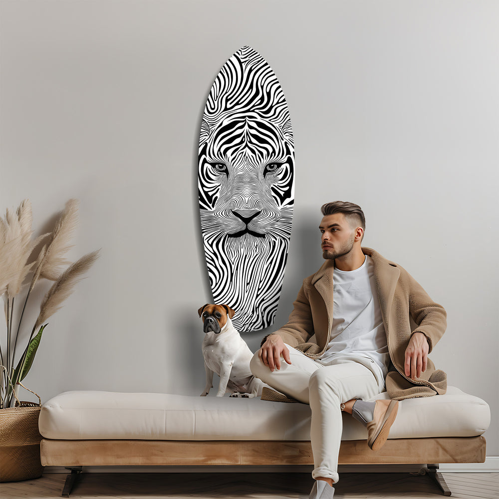 Optical Lion Black White Lines Glass Wall Art.